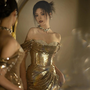 金色晚礼服女高级感年会亮片主持人一字肩抹胸敬酒服新娘鱼尾裙