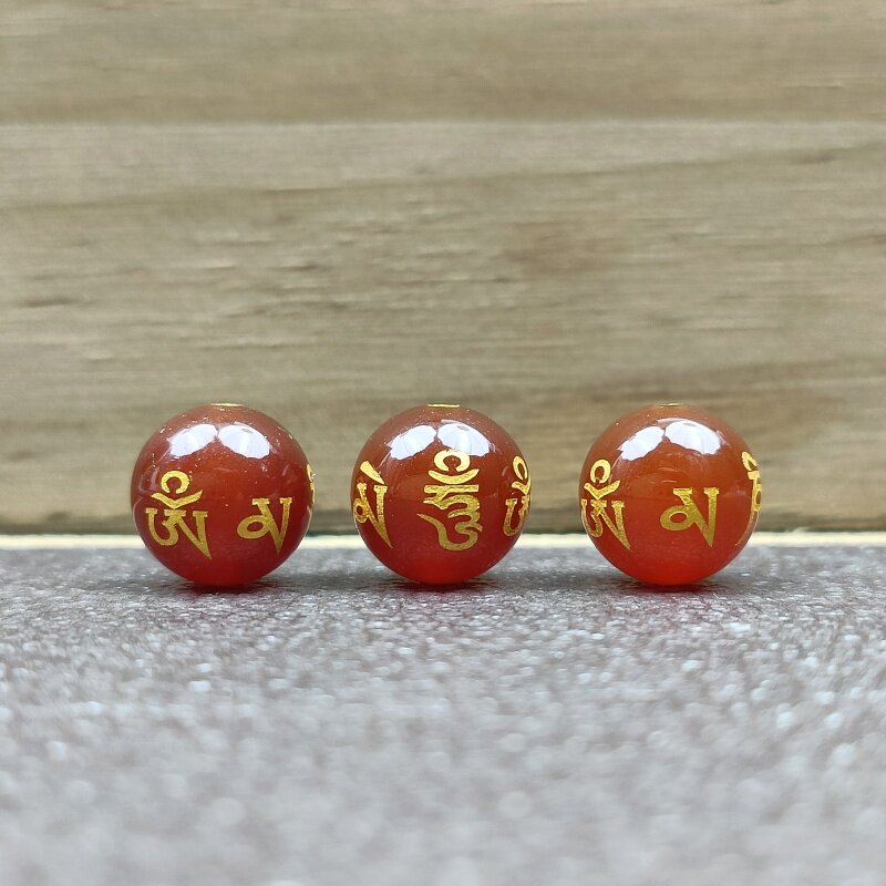 天然红玛瑙烫金六字箴言散珠diy手工串珠圆珠手链项链饰品配件