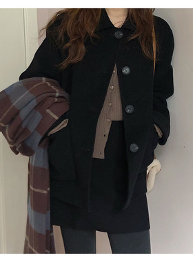 2024年韩版宽松黑色毛呢外套女冬短款小个子大衣气质羊毛绒双面呢