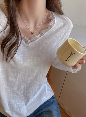 100%纯棉v领蕾丝宽松版正肩t恤女秋冬慵懒风高级感长袖打底衫上衣