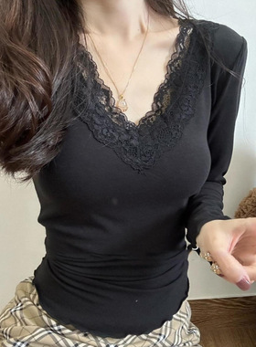 纯欲风高级感德绒蕾丝拼接打底衫秋冬显瘦减龄内搭T恤气质小上衣