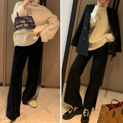 高腰加厚加绒直筒灯芯绒阔腿裤女