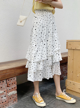 百搭中长款松紧腰高腰a字不规则白色雪纺波点蛋糕半身裙女夏伞裙