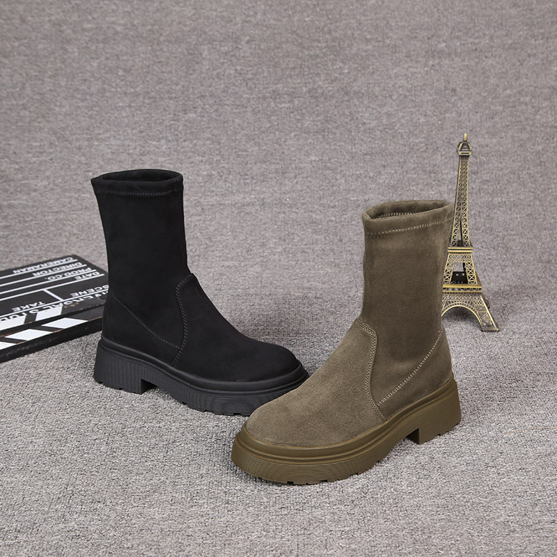 유럽 ??역 2024 가을 새로운 소매 다목적 두꺼운 발 뒤꿈치 탄성 NUBUCK 가죽 라운드 발가락 탄성 부츠 여성을위한 캐주얼 짧은 부츠