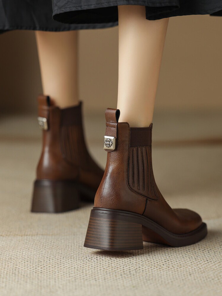 BLOCK HEEL BOOTIE WOMENS WINTER 2024 NEW COMFORTABLE SLIM STRETCH BOOTS SQUARE TOE FRENCH ANKLE BOOTS HIGH HEELS CHELSEA BOOTS
