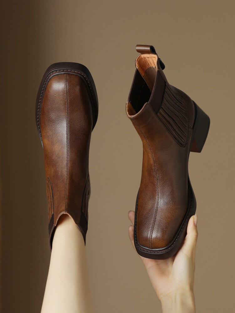 BLOCK HEEL BOOTIE WOMENS WINTER 2024 NEW COMFORTABLE SLIM STRETCH BOOTS SQUARE TOE FRENCH ANKLE BOOTS HIGH HEELS CHELSEA BOOTS