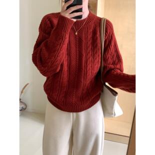 冬日复古感慵懒厚实麻花毛衣 宽松外穿圆领打底套头保暖毛衣外套