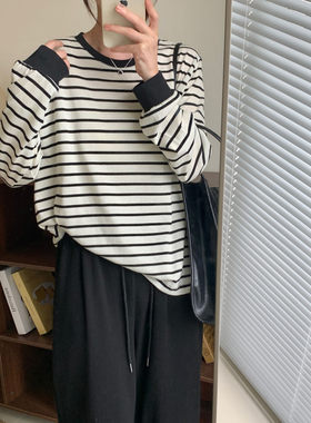 韩系休闲长袖撞色条纹t恤衫