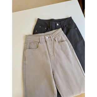 复古色水洗灰/卡其牛仔裤女 秋冬韩版加绒百搭显瘦休闲直筒牛仔裤