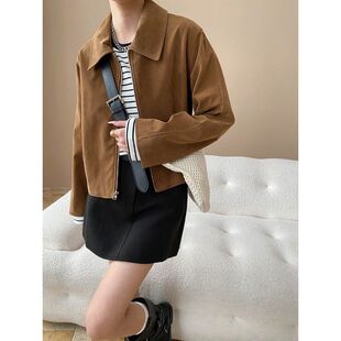 拉链夹克外套 SN7820 美拉德棕色复古翻领休闲短款 摩登街头