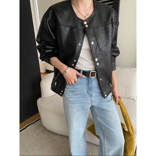 摩登都市 SN8713 机车风腔调感下摆抽绳PU皮夹克皮衣外套