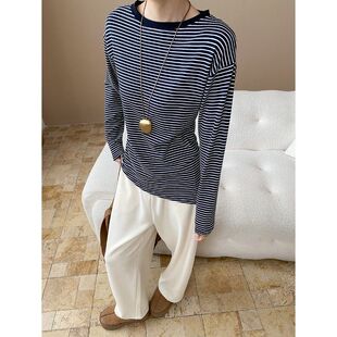 SN7882 T恤 不规则设计感 慵懒风撞色条纹圆领收腰显瘦长袖