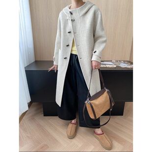 长期主义 经典学院风连帽牛角扣羊毛双面呢大衣外套 SN8130