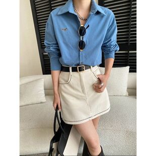 早春新款 卡通小狗刺绣设计感翻领宽松全棉长袖衬衫 SN8563