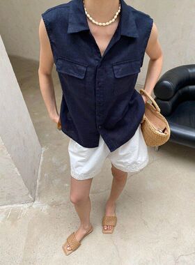 智性随性感 100亚麻通勤老钱风双口袋无袖马甲衬衫 SN9139