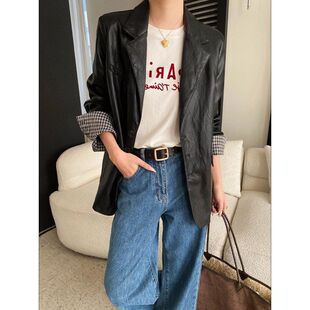 皮衣外套 法式 PU皮宽松西装 撞色格纹翻边袖 SN8692 轻熟风