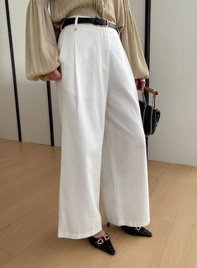 早春新款 老钱通勤感半松紧高腰显瘦直筒休闲阔腿裤 SN8665