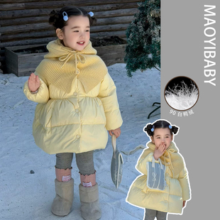女宝宝加厚黄色保暖羽绒服女童冬季女婴儿童白鸭绒毛线帽外套收腰