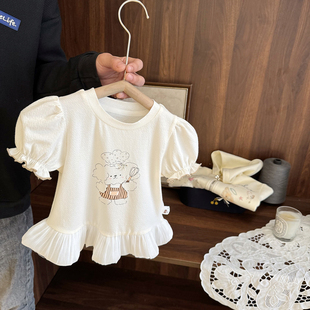 女宝宝超软冰丝棉上衣女婴儿夏装韩版新款女童洋气裙摆短袖T恤潮