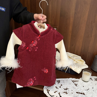 两件套 女童呢绒旗袍裙毛衣新年装 女宝宝改良中国风套装 女婴儿冬季