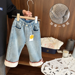 女宝宝超厚一体羊羔绒直筒裤子女婴儿冬季女童加厚加绒保暖牛仔裤