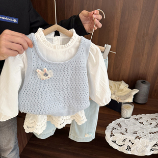 女宝宝马甲衬衫套装女童春秋款韩版女婴儿童毛衣背心娃娃衫两件套