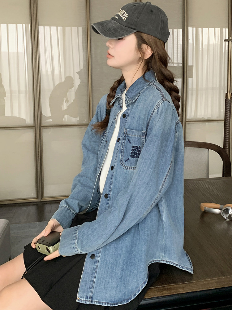 中式国风水墨画拼接蓝色水洗牛仔衣外套女小个子短款高端夹克上衣，女装衬衫，浙宝220