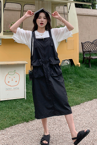 卡其色休闲日系工装风背带裙女2024夏新款慵懒宽松显瘦文艺连衣裙图片