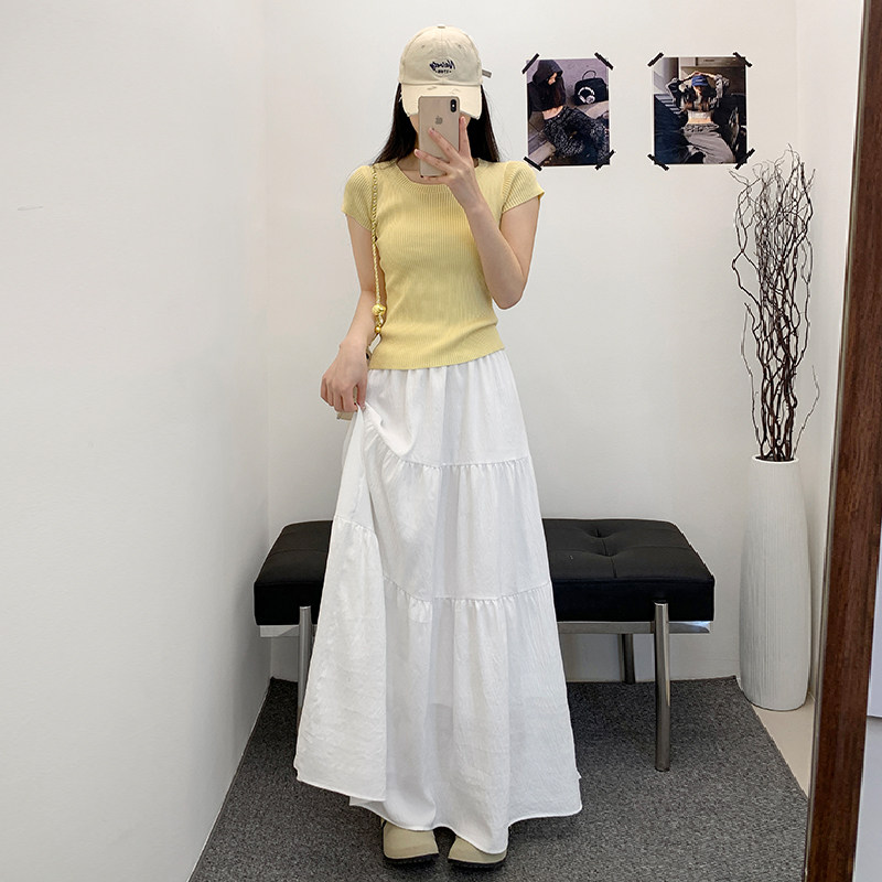 实拍白色蛋糕裙半身裙女夏季新款高腰显瘦长裙小个子垂感a字伞裙