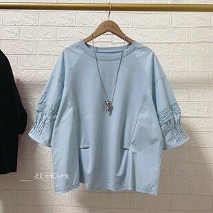 若灵儿宽松休闲遮肉显瘦女装 上衣T恤 百搭圆领蕾丝拼接短袖