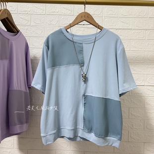 T恤大码 上衣 拼接简约百搭圆领短袖 若灵儿宽松休闲遮肉显瘦女装