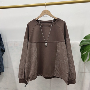 若灵儿秋季宽松休闲格子拼接遮肉显瘦大码女装圆领长袖T恤上衣