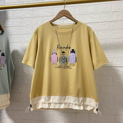 若灵儿卡通刺绣拼色短袖T恤韩版宽松休闲遮肉显瘦大码女装上衣