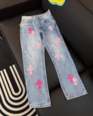 多巴胺粉色十字架拼皮牛仔长裤 男女款 复古洗水做旧牛仔裤 轻奢美式