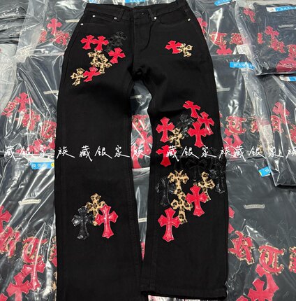 藏银潮牌重工艺漆皮拼接红色豹纹十字架拼皮直筒牛仔裤男女款长裤