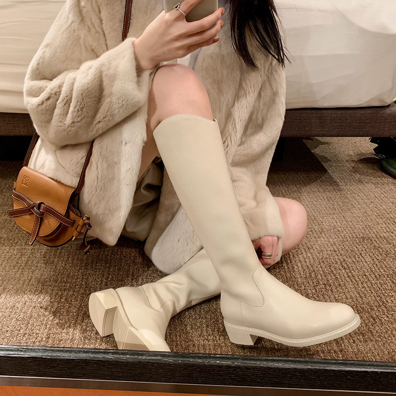 苏茵茵长筒靴骑士靴粗跟高筒靴V口真皮瘦瘦小个子长靴女欧美风