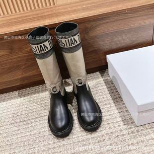 秋冬季 ins小众设计感针织不过膝长靴女d家女靴子中筒粗跟高筒女鞋