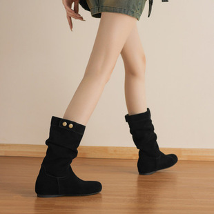 复古圆头粗跟磨砂牛皮西部牛仔靴2025秋冬新款休闲短靴何其丑女鞋