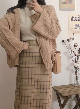 MYWAY 自制款宽松慵懒大码毛衣复古麻花编织秋冬针织开衫毛衣外套