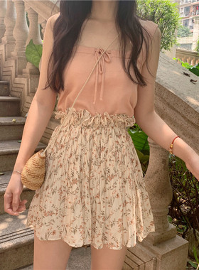 MYWAY自制/bm风减龄温柔蜜桃粉色可爱背心度假宽肩带针织吊带女