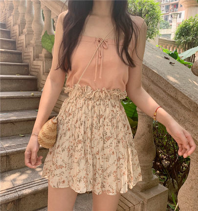 MYWAY自制/bm风减龄温柔蜜桃粉色可爱背心度假宽肩带针织吊带女