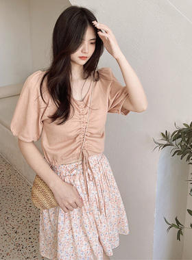 MYWAY自制款蜜桃减龄温柔夏季针织小衫显瘦方领抽绳短袖短款上衣