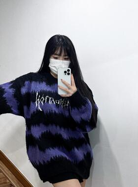 MYWAY马海毛毛衣男女情侣秋冬潮牌美式复古刺绣宽松慵懒针织衫