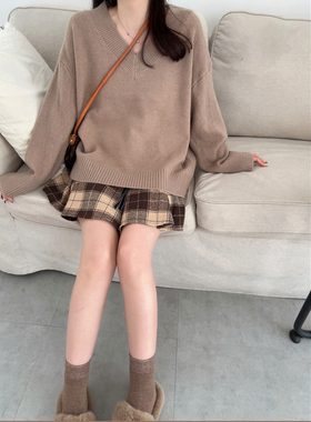 MYWAY 韩系V领慵懒毛衣女百搭宽松显瘦软糯奶咖色长袖针织衫上衣