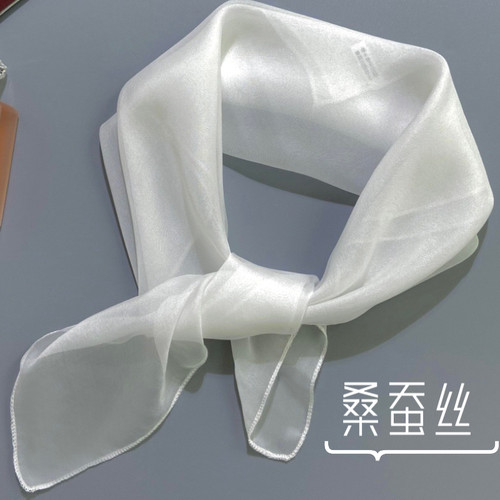 桑蚕丝丝巾真丝小方巾防晒护颈小披肩围巾脖子配饰女围脖白色女士
