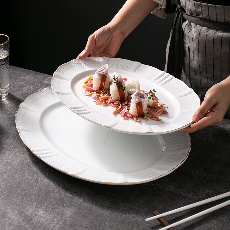 《紫荆花纹鱼盘》酒店会所私房菜特色凉菜盘蒸鱼盘点心摆盘陶瓷盘