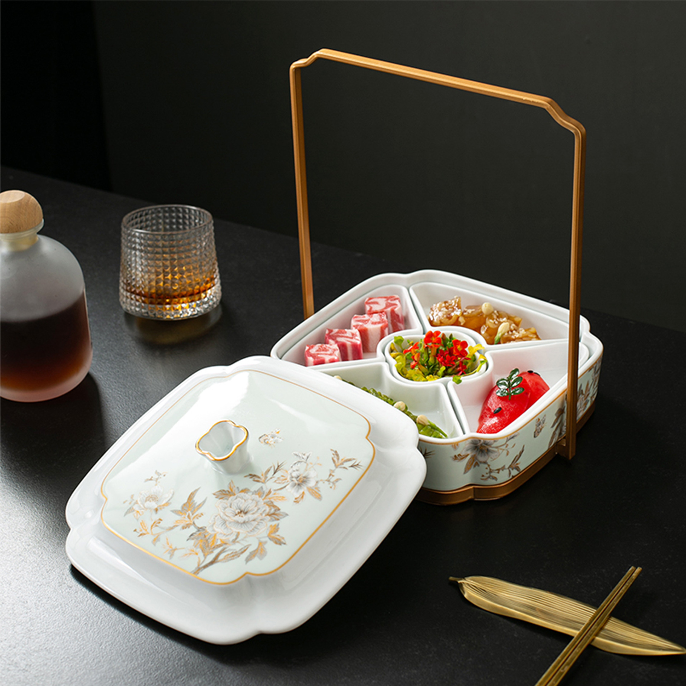 新中式酒店创意陶瓷精致带盖凉菜点心糕点盘子组合提篮融合菜餐具,餐饮具,盘,淘宝优惠券,粉丝福利购,淘宝优惠卷