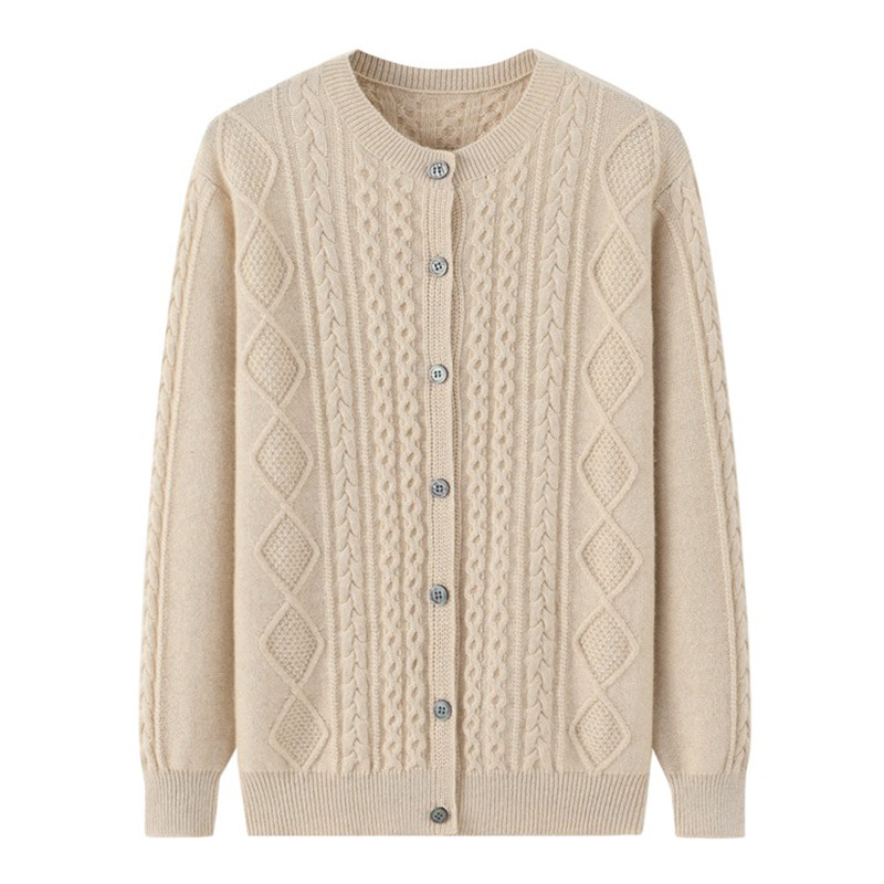 鄂尔多斯市源头工厂100纯山羊绒衫女加厚绞花毛衣外套宽松羊绒衫