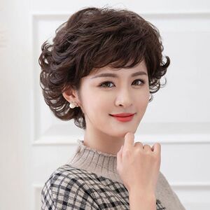 时尚妈妈假发女短发真人发中老年假发套古风短卷发翻翘假发全头套