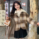 格子牛角扣短款大衣女2024冬小个子百搭韩系宽松羽绒内胆毛呢外套，女装羽绒服，2D082